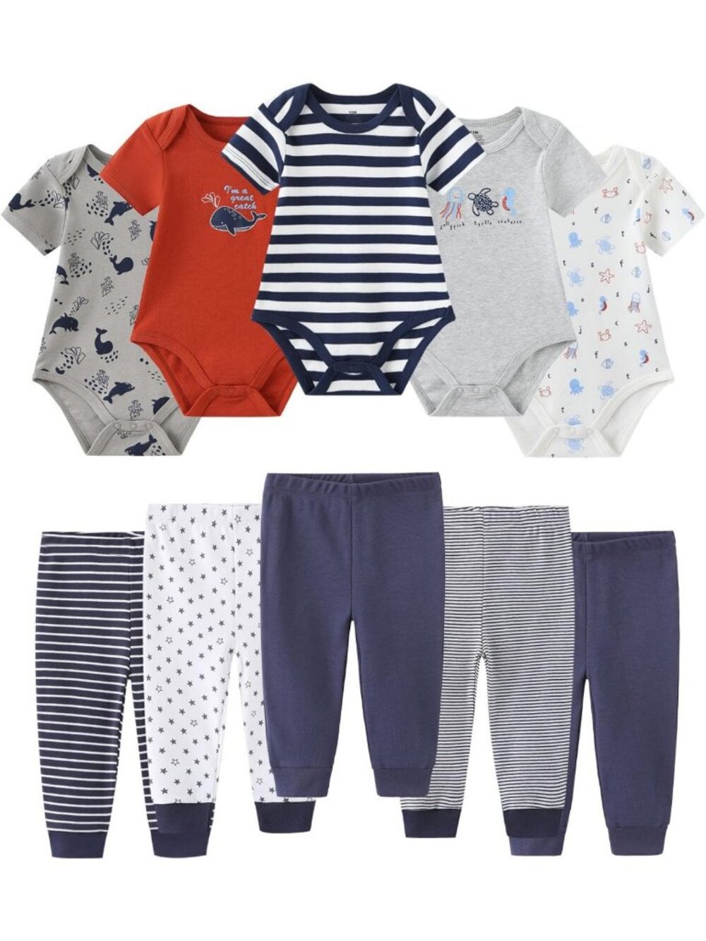 Soft Cotton Newborn Baby Bodysuit & Pant Set - 10-Piece Outfit for Infants